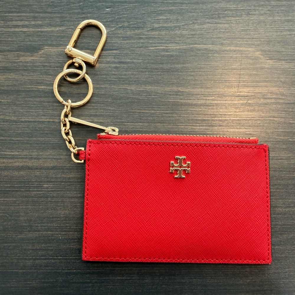 Tory Burch Red Saffiano Leather Zip Key Card Case with Gold Hardware
